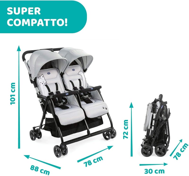 Chicco Ohlalà Twin Stroller 0m-3y, Silver Cat - Image 5
